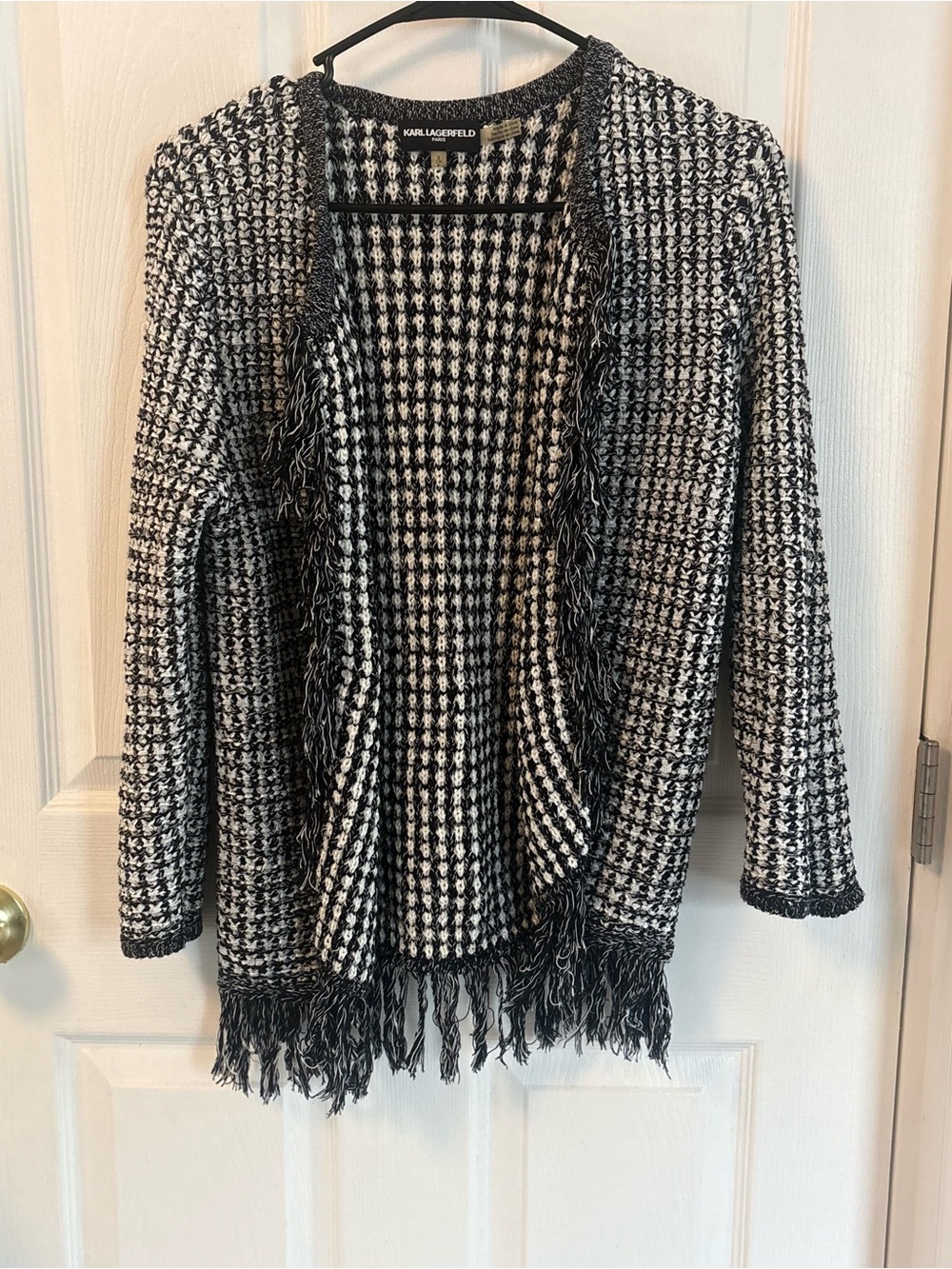 Karl Lagerfeld Paris Black White Fringe Knit Cardigan Sweater Women’s Size S